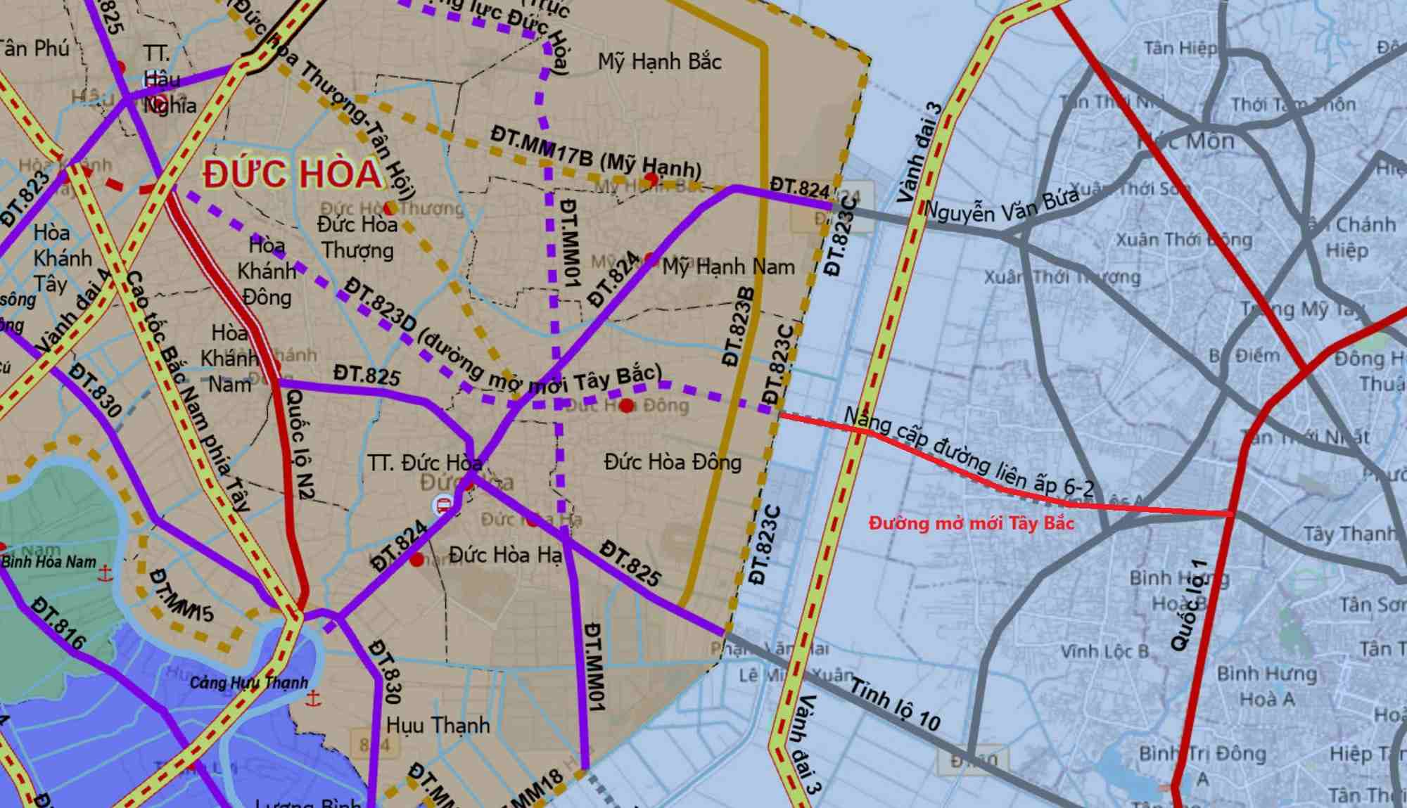 Hướng tuyến đường mở mới Tây Bắc đoạn qua TPHCM. Ảnh: Sở Xây dựng TPHCM