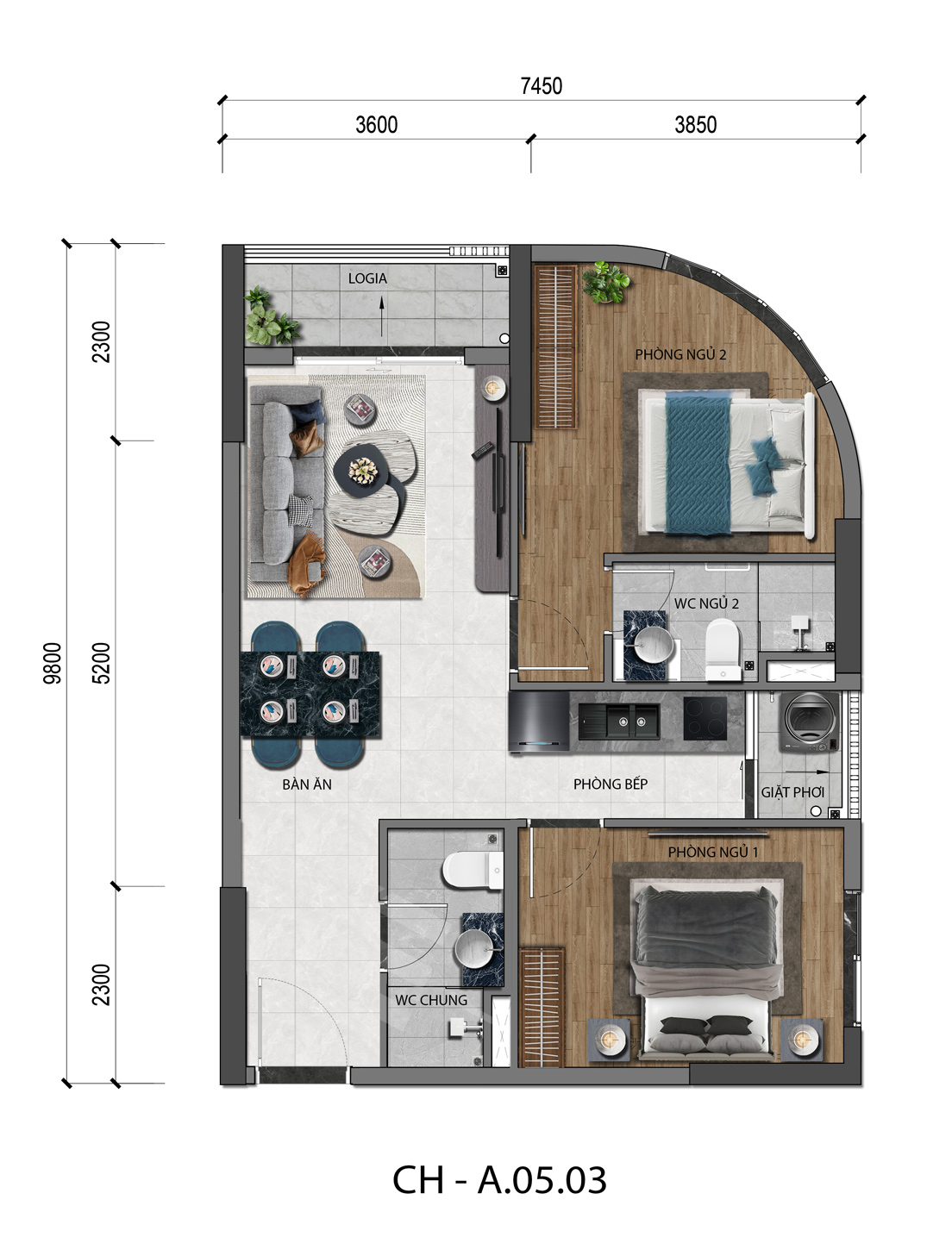 MẶT BẰNG CĂN HỘ 2PN