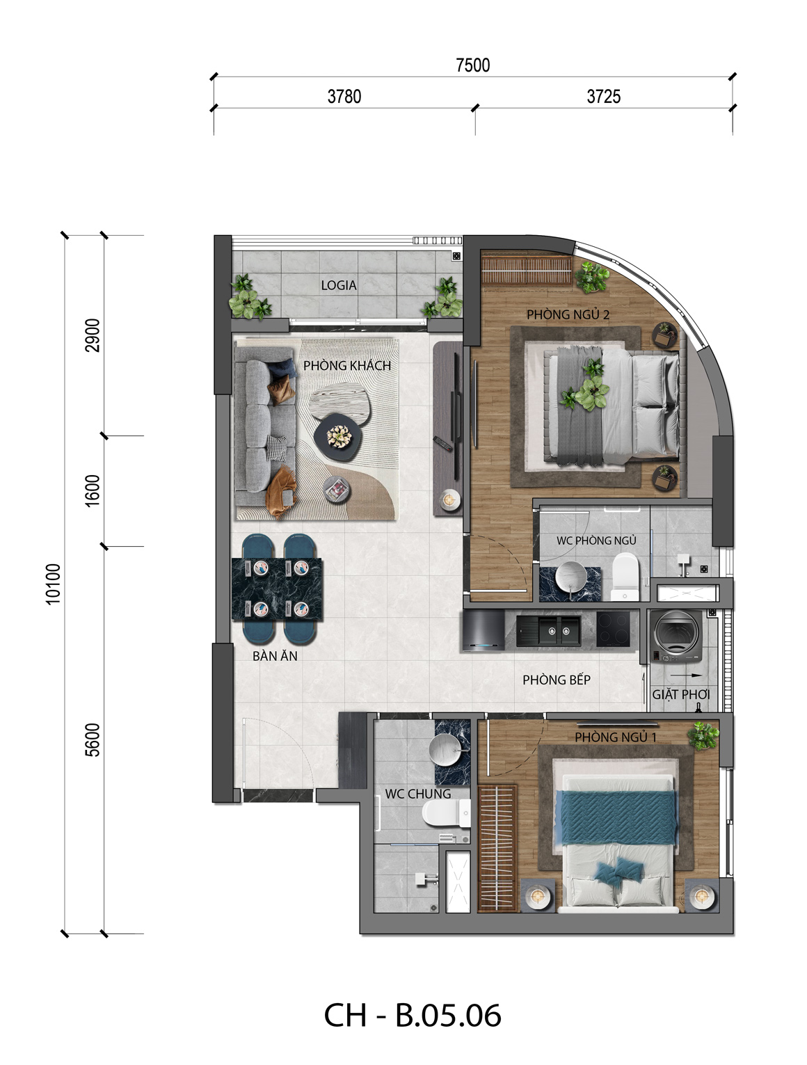 MẶT BẰNG CĂN HỘ 2PN