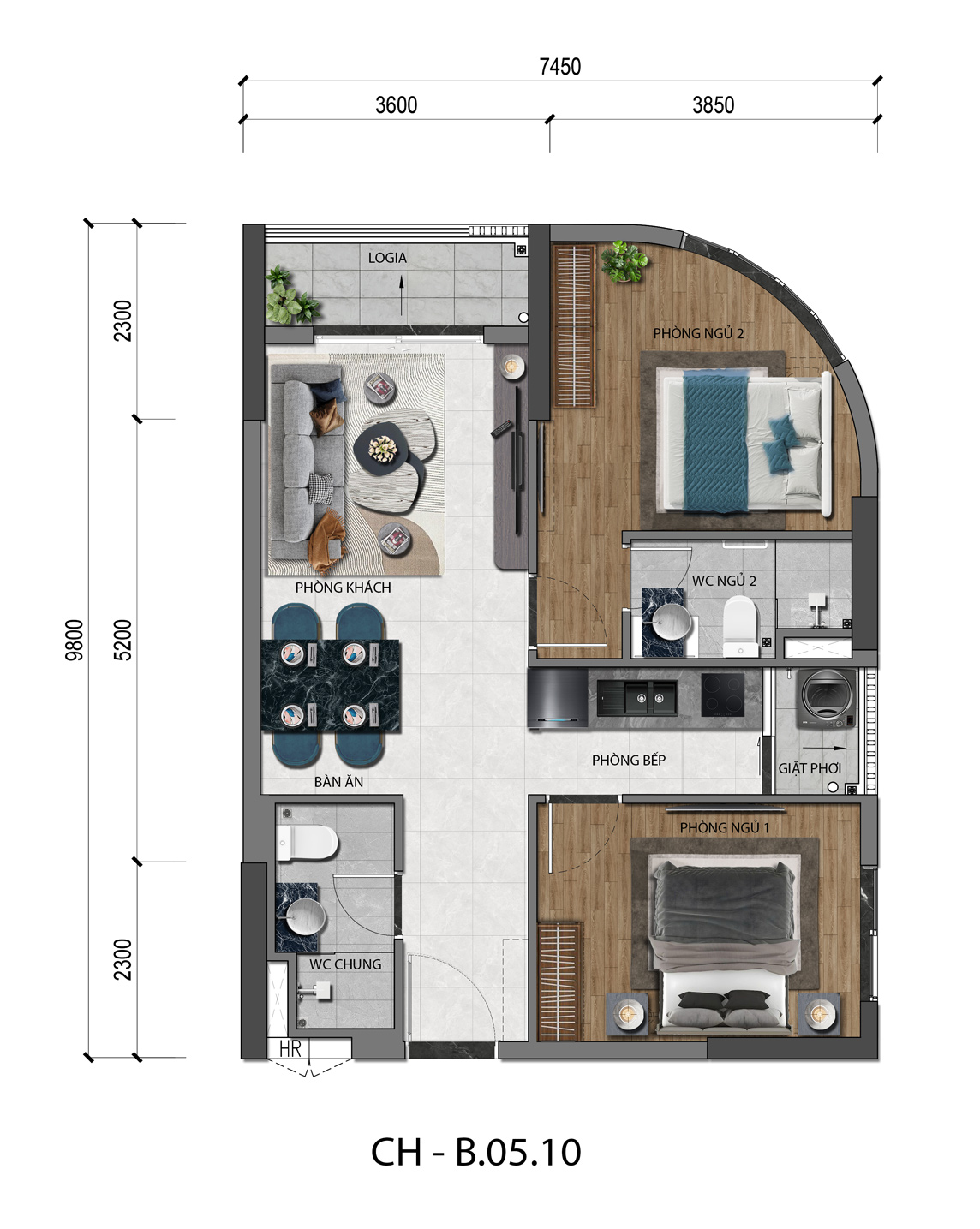 MẶT BẰNG CĂN HỘ 2PN